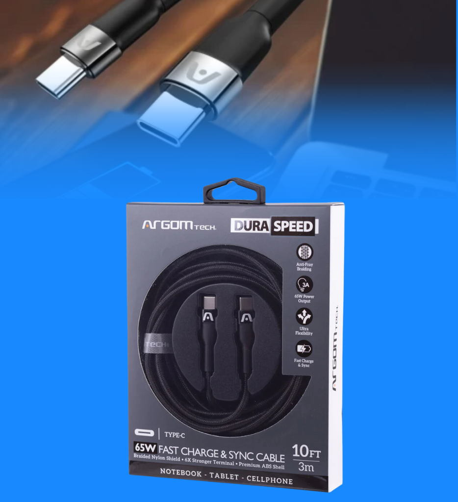 Cable Argom ARG-CB-0048BK Tipo C a Tipo C 65W Nylon Trenzado Dura Speed 3mts