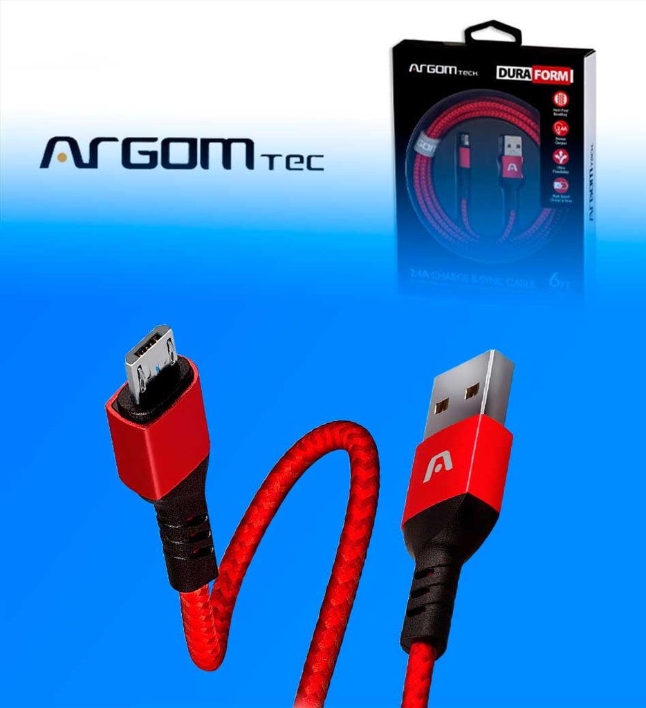 Cable Argom ARG-CB-0021RD Micro USB a USB 2.0 Nylon Trenzado 1.8mts Color Rojo