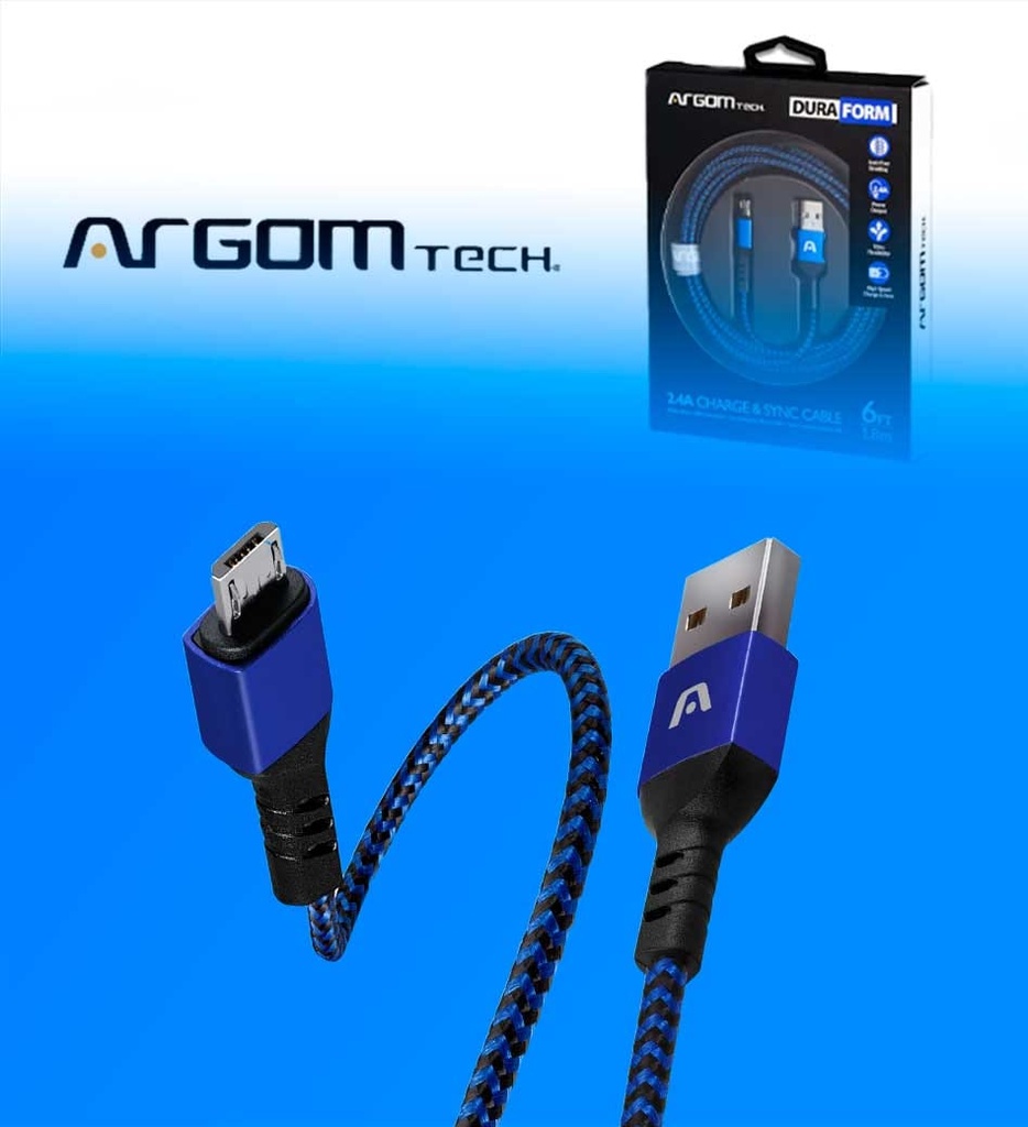 Cable Argom ARG-CB-0021BK Dura Form Micro USB a USB 2.0 Nylo Trenzado 1.8mts Color Azul