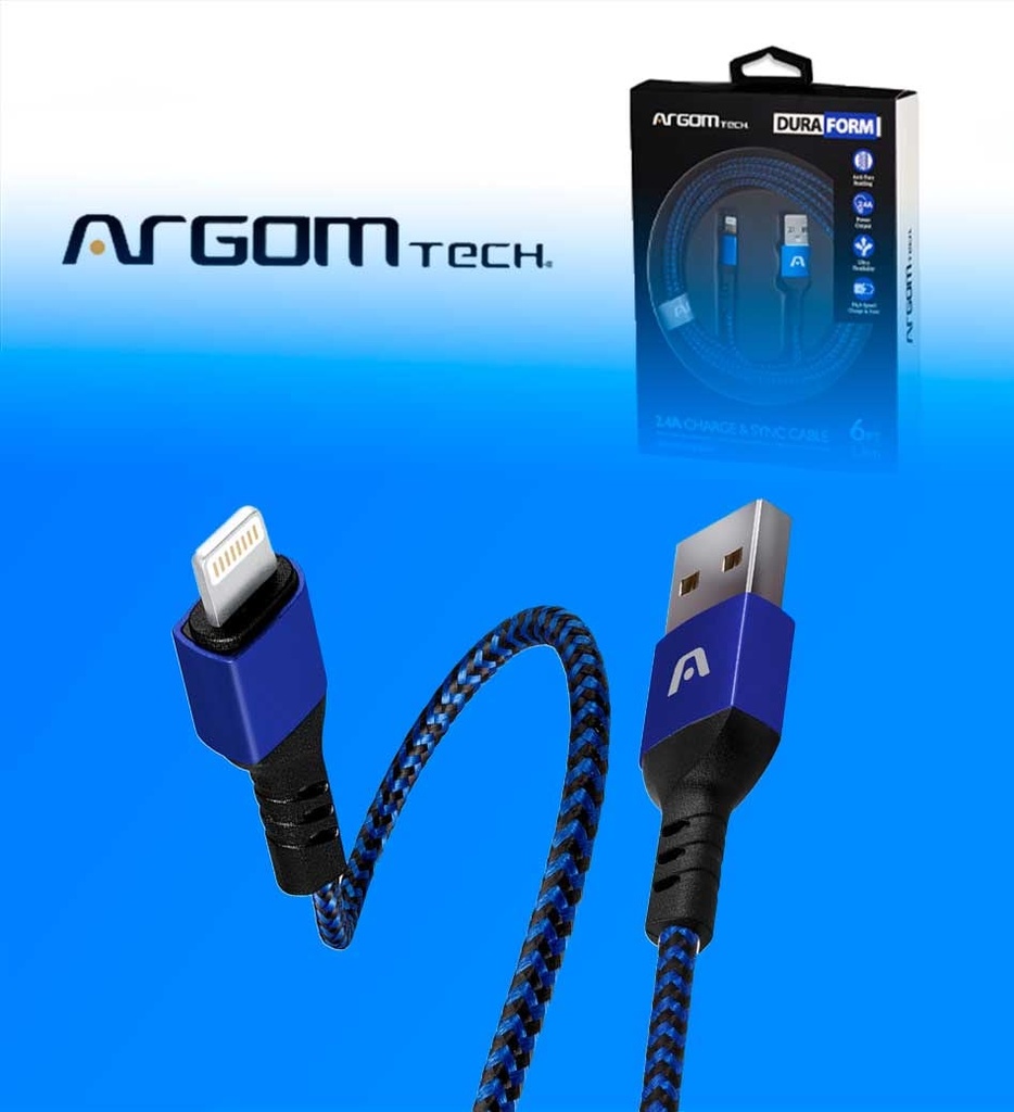 Cable Argom ARG-CB-0023BL Lightning a USB 2.0 Nylon Trenzado Color Azul Metalico