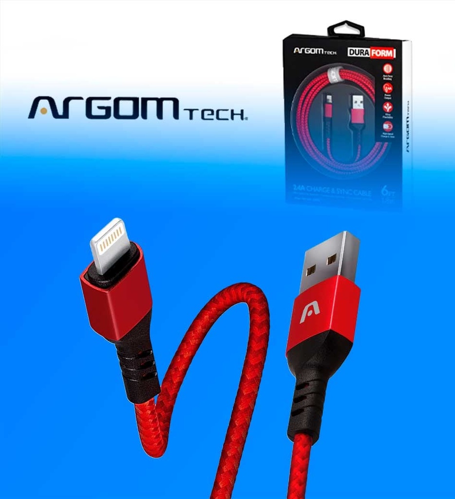 Cable Argom ARG-CB-0023RD Lightning a USB 2.0 Nylon Trenzado Color Rojo Metalico