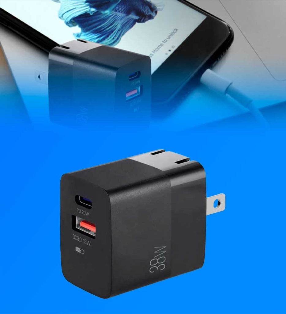 Cargador Dual Rápido Argom ARG-AC-0122BK Tipo C y USB Para Pared 38W Plegable