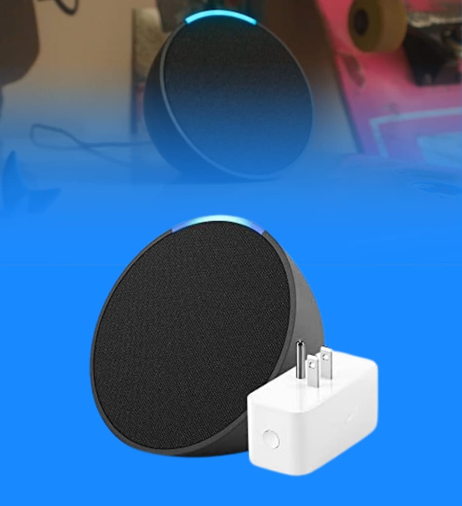 Combo Amazon Bocina Echo Pop Color Cabon y Smart Plug Para Automatizar el Hogar