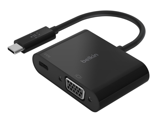 Belkin USB-C to VGA + Charge Adapter - Conversor de interfaz de vídeo - USB-C (M) a HD-15 (VGA), USB-C (solo alimentación) (H) - negro - compatibilidad con 1080p, USB Power Delivery (60W)
