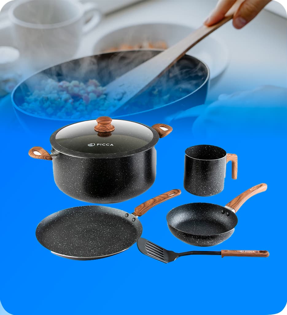 Bateria de Cocina Picca PI006BMN Catania 6 piezas Color Negro con Efectos Stone Plateado