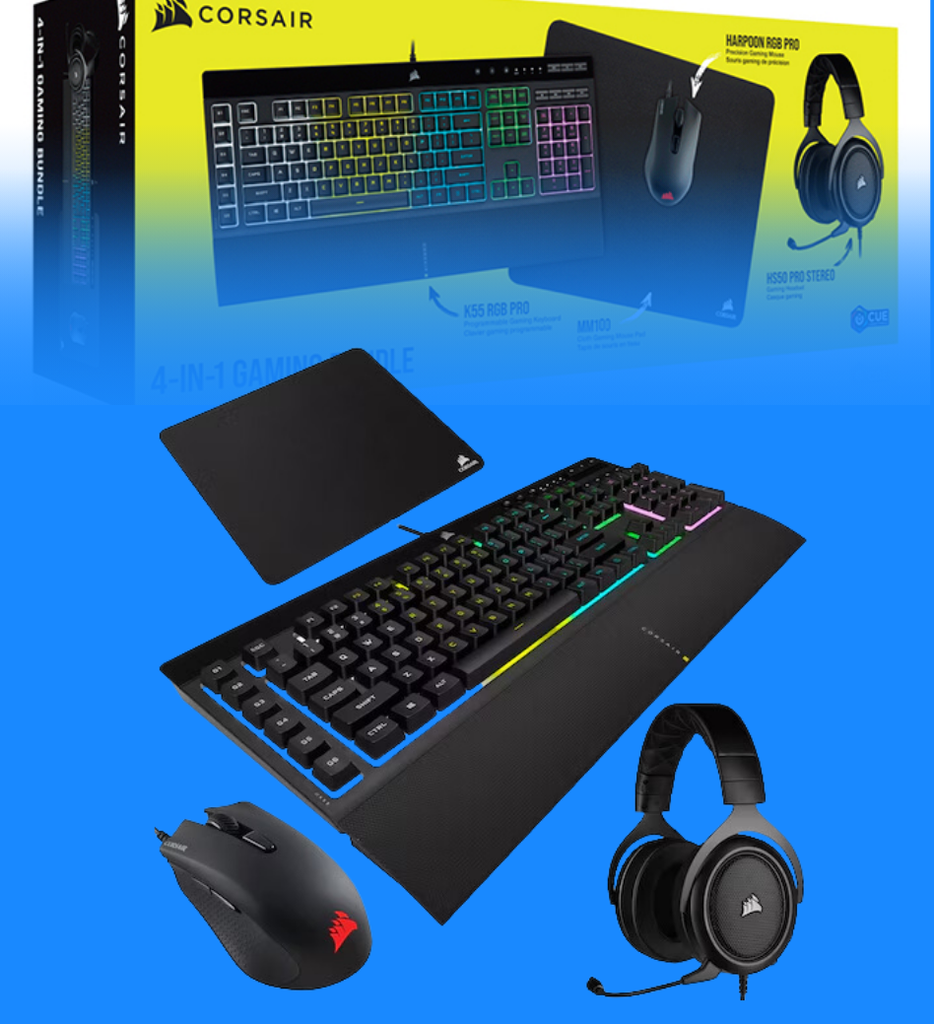 Combo Gaming Corsair 4 en 1 Teclado K55 RGB PRO + Mouse Harpoon RGB PRO + Headset HS50 PRO + Mouse PAD MM110