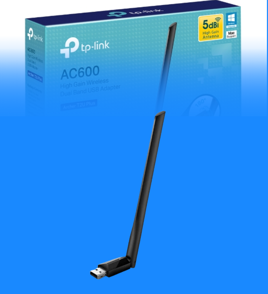 Adaptador WiFi TP Link Archer T2U Plus AC600 Inalambrico Dual Band 433 Mbps en 5GHz 200 Mbps en 2.4GHz 180° USB 2.0