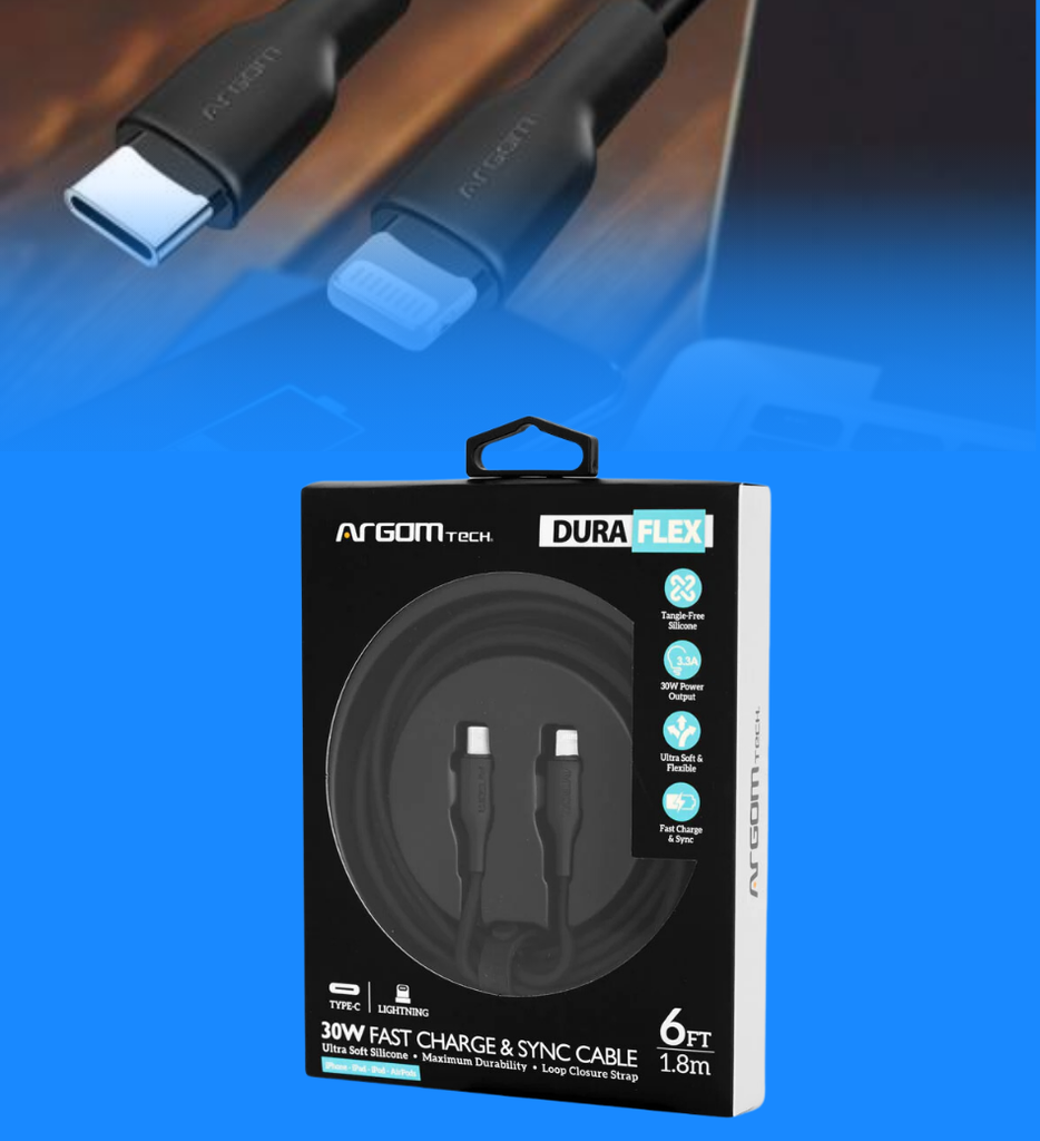 Cable Argom ARG-CB-0072BK Dura Flex Tipo C a Lightning 30W 1.8 Metros Silicona Color Negro