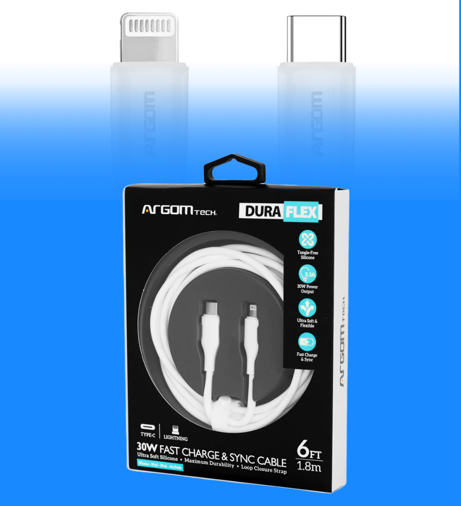 Cable Argom ARG-CB-0072WT Dura Flex Tipo C a Lightning 30W 1.8 Metros Silicona Color Blanco