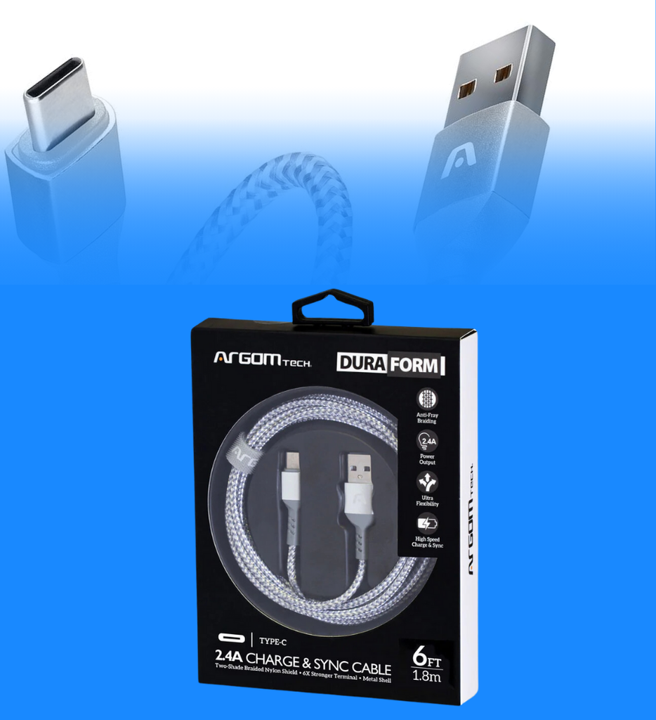 Cable Argom ARG-CB-0025WT Dura Form Tipo C a USB 2.0 Nylon Trenzado 1.8 Metros 2.4A Color Blanco con Gris