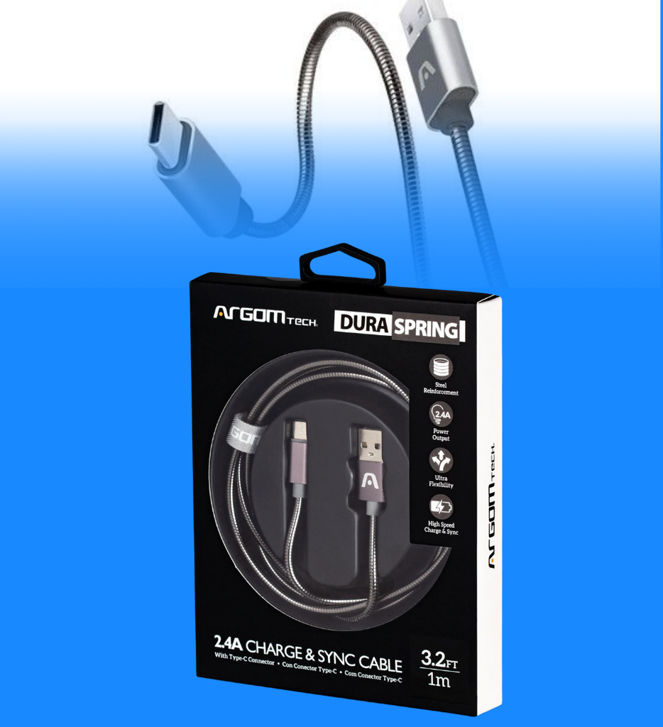 Cable Argom ARG-CB-0028GR Dura Spring Tipo C a USB 2.0 Metal Trenzado 2.4A 1 Metro Carga Rapida Color Gris