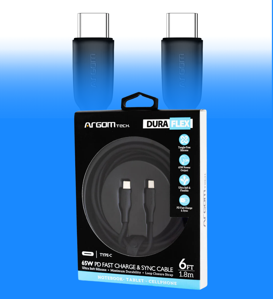 Cable Argom ARG-CB-0070BK Dura Flex Tipo C a Tipo C 65W 1.8 Metros Carga Rapida Silicona Color Negro