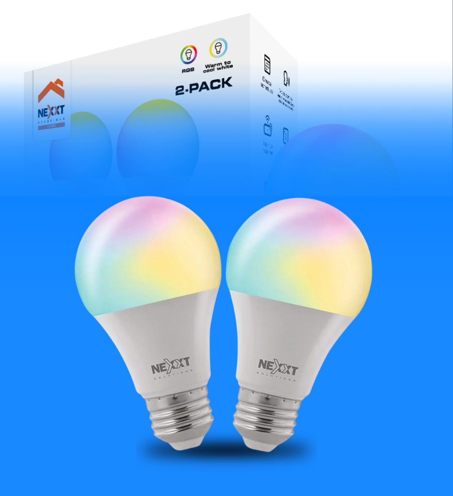 Bombilla Nexxt NHB-C1102PK Light Bulb A19 RGB 110V 2PK Multicolor Compatible con Amazon Alexa y Google Assistant 800 Lumen 9W