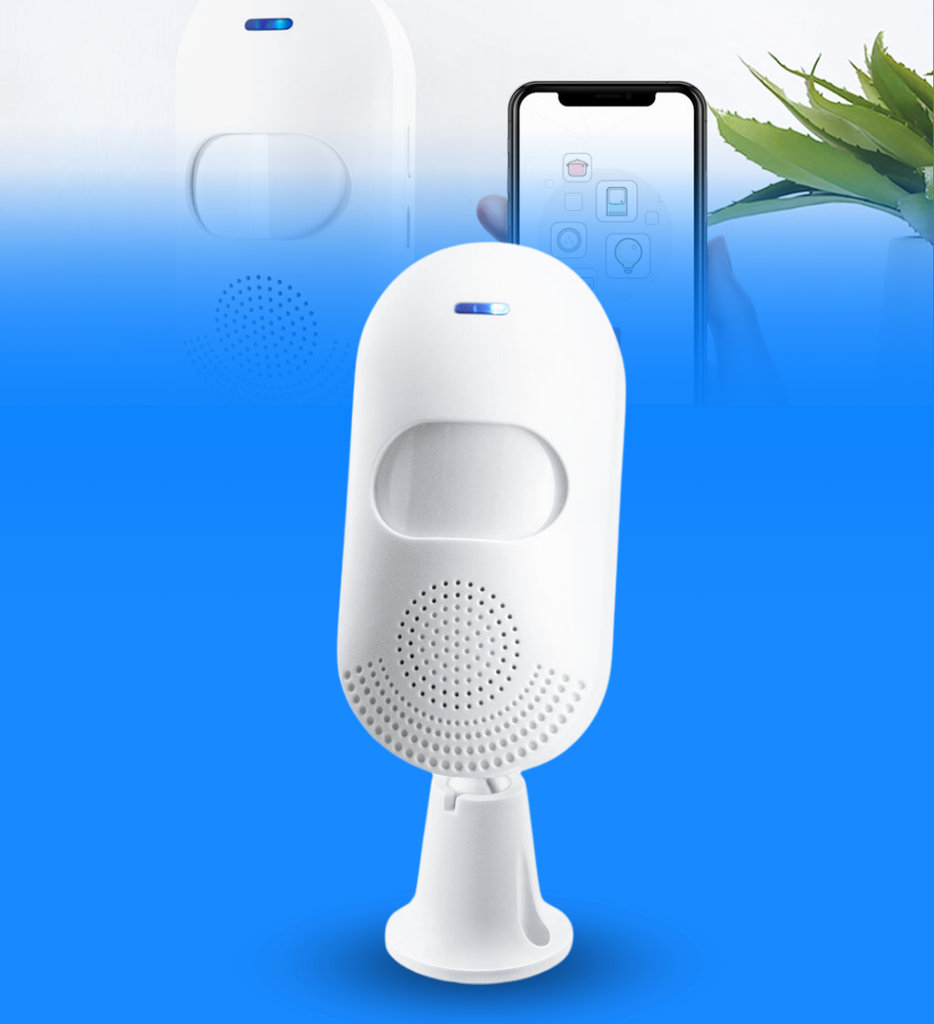 Sensor Tuya PST-CT20W Smart WiFi PIR De Pared 110 Grados 9-12mts Luz y Sonido 80dB 5V AAA1.5V*2