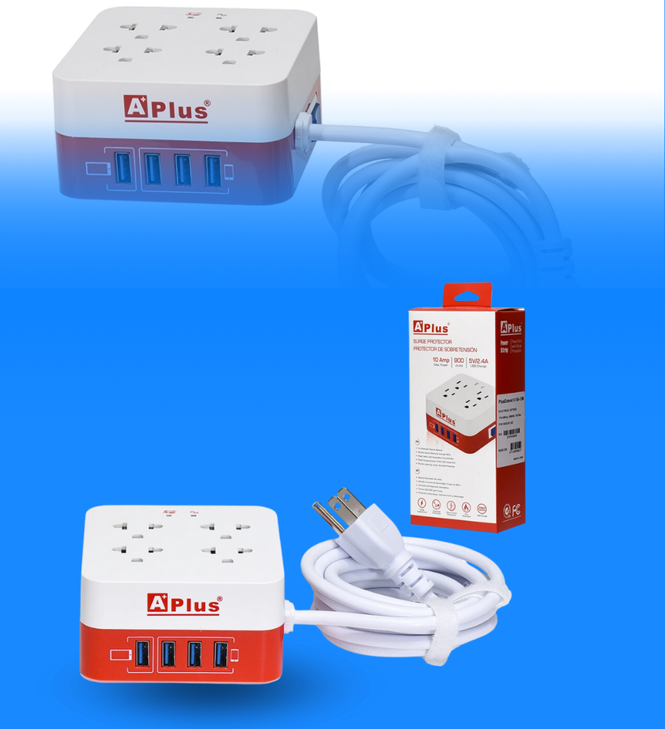 Protector de Sobretension APlus PlusExtend 8-10A-12M 10Amp 900 Joules 5V/2.4A 4 Tomas 4 Puertos USB 5VDC Color Blanco con Rojo
