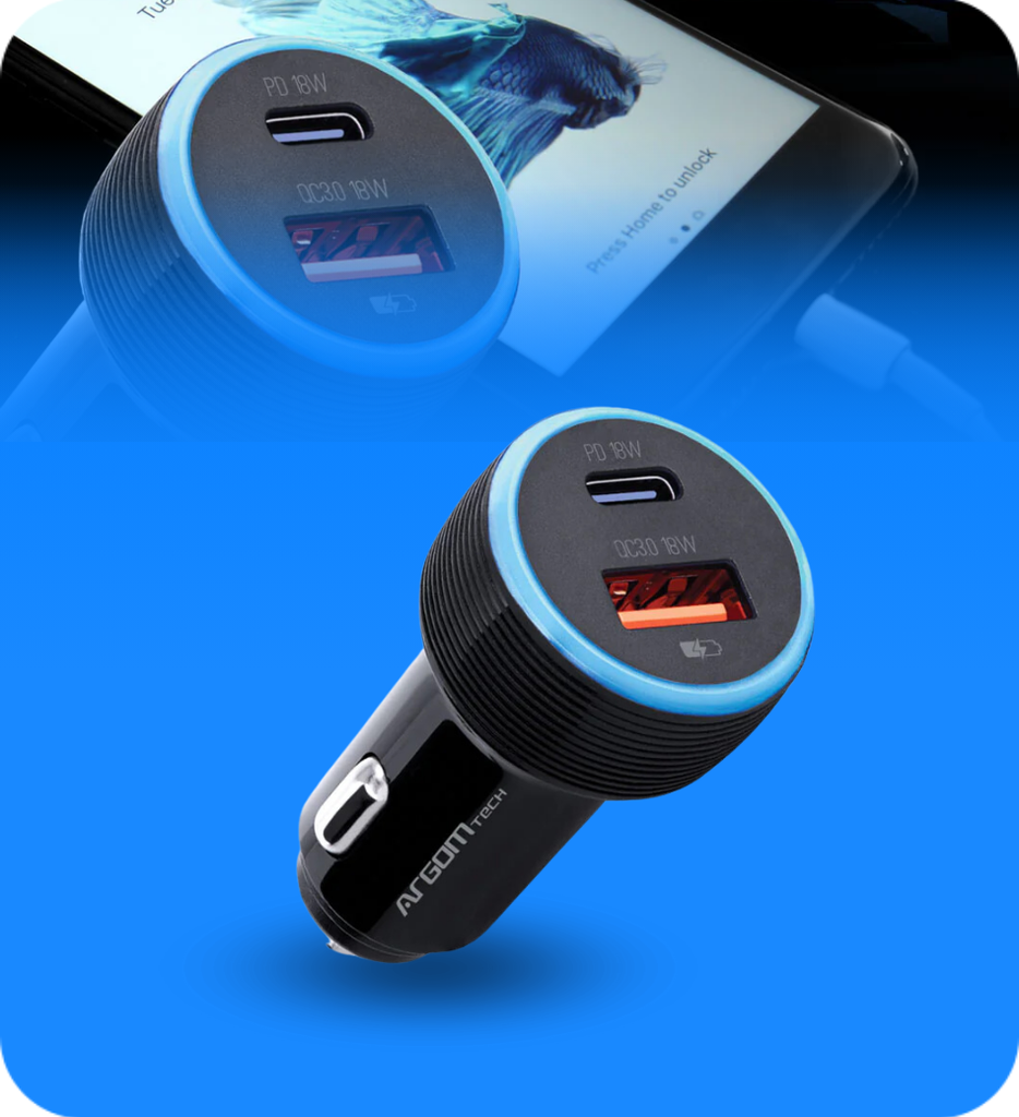 Base de Carga Para Auto Argom ARG-AC-0111BK Dual 30W Carga Rapida 1 Puerto USB 1 Puerto USB QC3 Color Negro