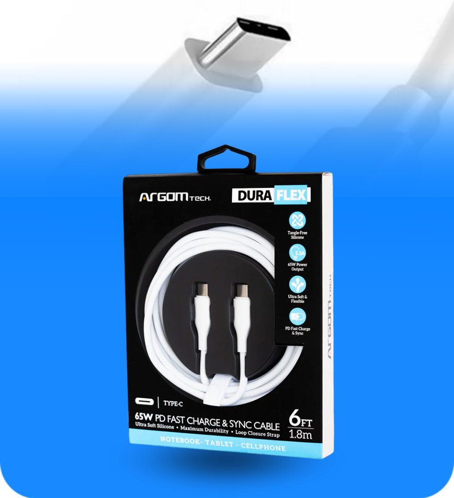 Cable Cargador Argom ARG-CB-0070WT 1.8 Metros 65W Tipo C a Tipo C Silicona Color Blanco