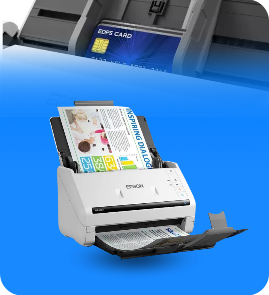 Epson - Escáner a color DS-530 II - Duplex una pasada 35ppm/70ipm - ADF 50pag - 600dpi, Resolución 1,200dpi - Gramaje 27g/m2-413g/m2 - TWAIN, ISIS - 4,000pag x día/200,000 ciclos - USB 3.0 - Windows, MAC - 2 años