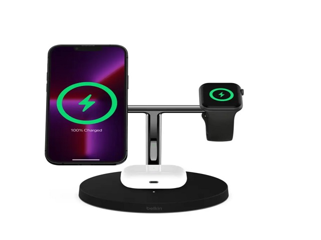 Belkin - Base de carga inalámbrica - con MagSafe + adaptador de corriente CA - 15 vatios - Fast Charge - negro - para Apple AirPods; AirPods Pro; iPhone 12, 13; Watch Series 4, Series 5, Series 6, Series 7