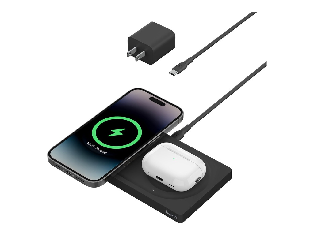 Belkin MagSafe 2-in-1 - Base de carga inalámbrica - 15 vatios - Fast Charge - negro - para Apple AirPods with MagSafe Charging Case; AirPods Pro; iPhone 12, 13, 14