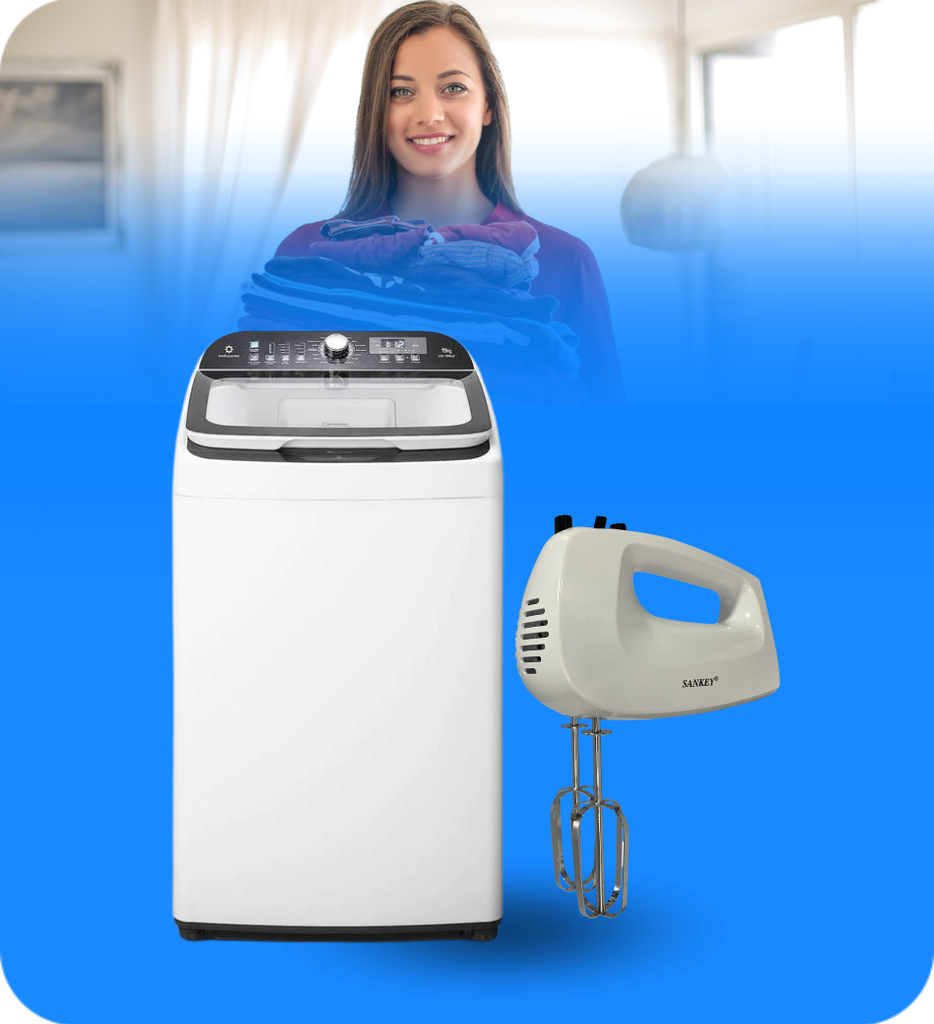 Lavadora Indurama LRI-19BLA Automatica 19KG Tapa de Vidrio Tecnologia Anti-Enredo Color Blanco + Batidora de Mano Sankey HM-750