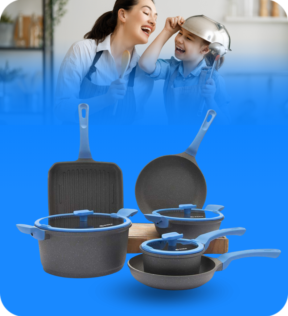 Bateria de Cocina Picca Bellagio de 9 Piezas PI009BMC Color Gris Con Efecto Stone Celeste