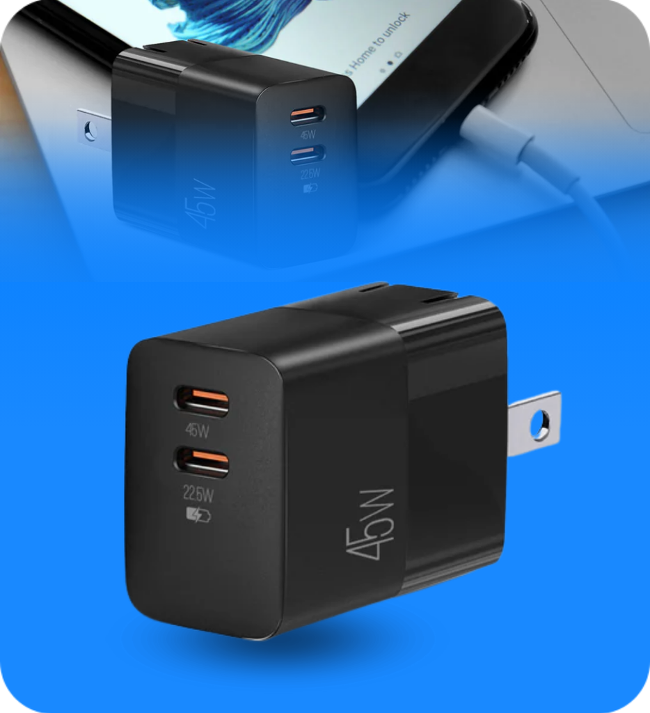 Cargador Dual Rapido Argom ARG-AC-0134BK Tipo C Para Pared 45W Volta P5 GAN II con Enchufe Plegable