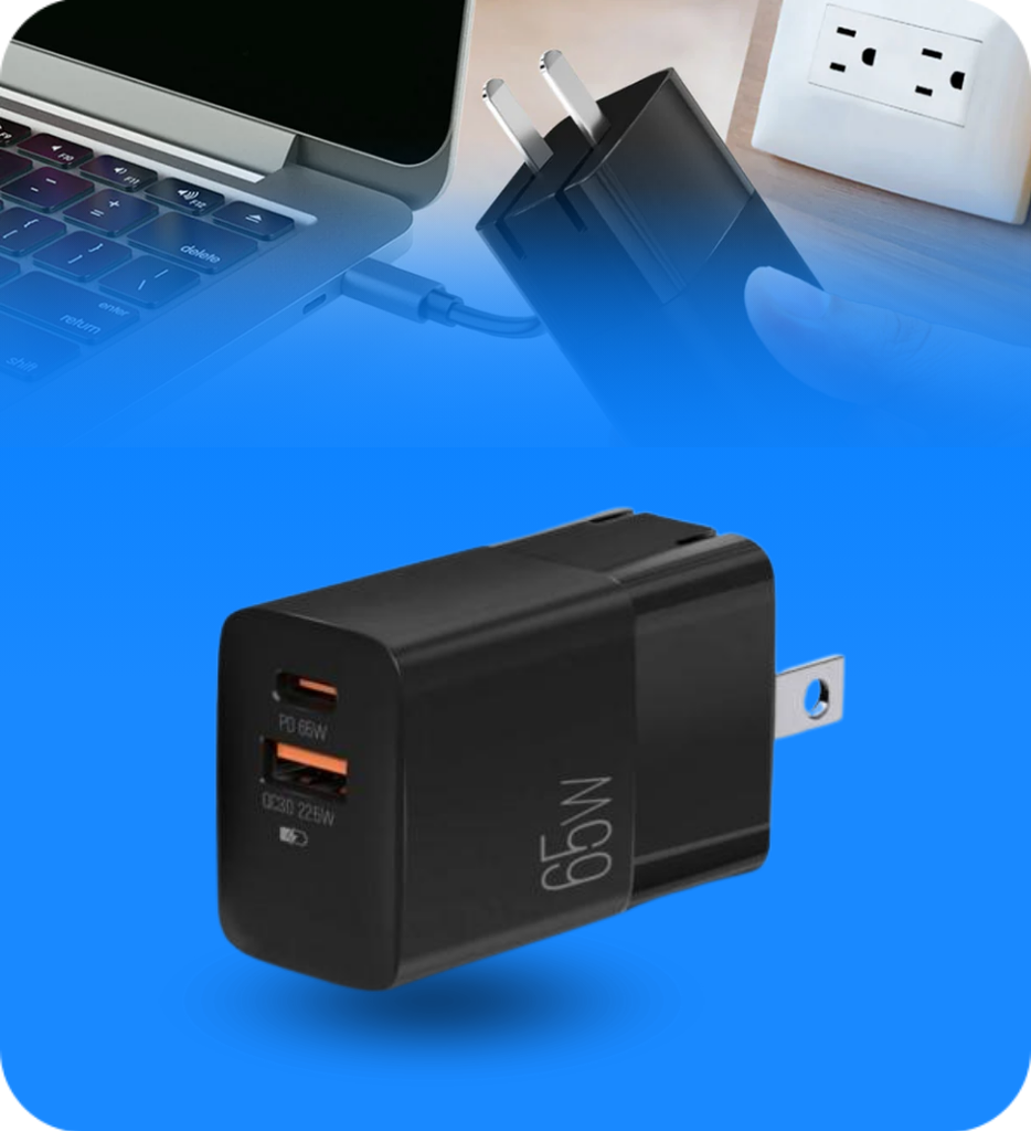 Cargador Dual Rapido Argom ARG-AC-0125BK Tipo C y USB Para Pared 65W Volta P7 con Enchufe Plegable