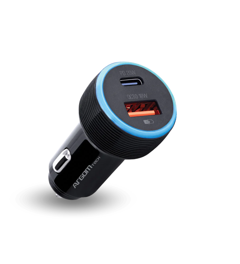 Cargador Dual Rapido Argom ARG-AC-0118BK Tipo C y USB  18W Para Auto