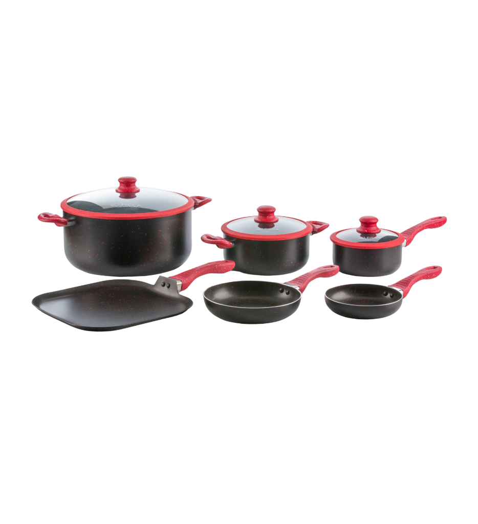 Bateria de Cocina Picca Bari PI009BMB 9 Piezas de Marmol Color Negro con Rojo