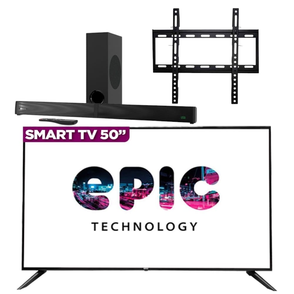 Combo de Sound Bar Klip Xtreme KSB-301 y Televisor Inteligente Epic EPIC50SMA 50" con Bracket (Base) Para TV Epic EPICV23-2
