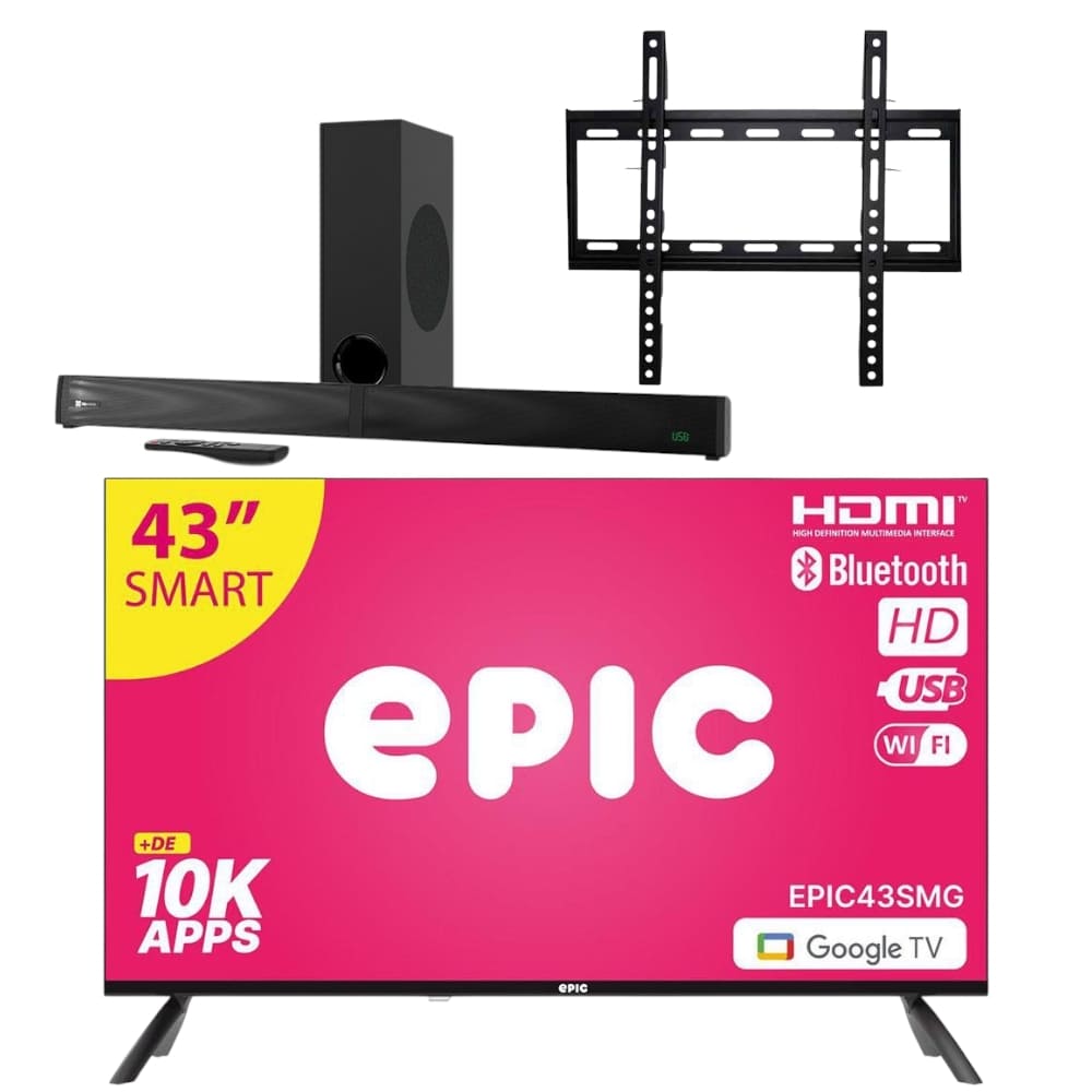 Combo de Sound Bar Klip Xtreme KSB-301 y Televisor Epic EPIC43SMG 43" con Bracket (Base) Para TV Epic EPICV23-2