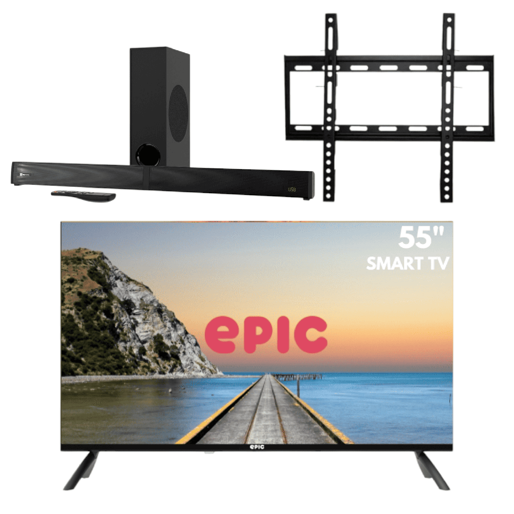 Combo de Sound Bar Klip Xtreme KSB-301 y Televisor Epic EPIC55SMG Smart TV 55" 4K  con Bracket (Base) Para TV Epic EPICV23-2