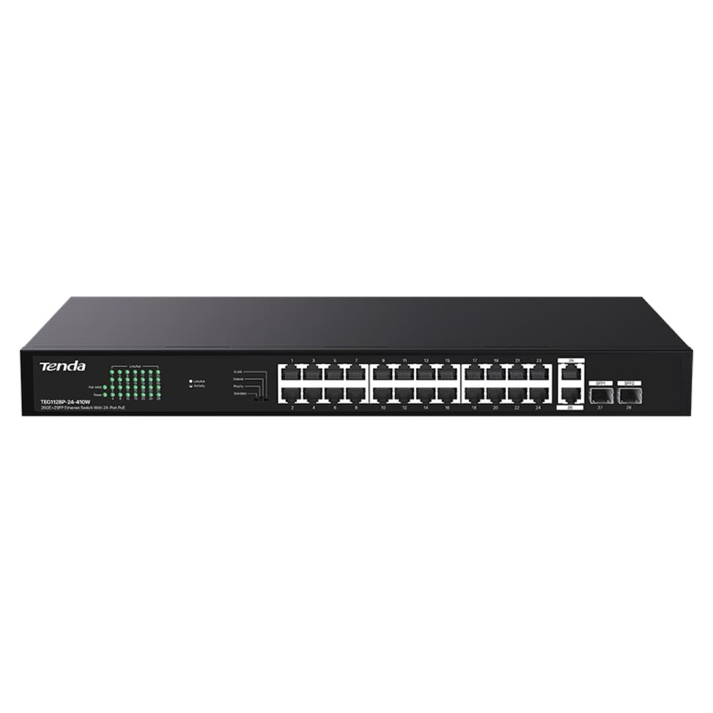 Switch PoE Extendido Tenda TEG1128P-24-410W Puertos 24 Ge RJ45 410 Watts con 4 Modos de Operacion