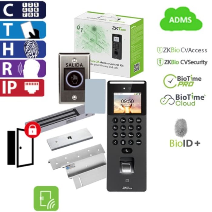 Kit Terminal Zkteco  Senseface 2A AC01-SP31H-21 Boton de Salida y Chapa Electromagnetica Para Control de Acceso