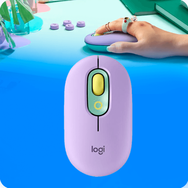 Mouse Logitech Pop Con Emoji Personalizado 4 Botones Inalambrico Bluetooth Color Lila con Menta