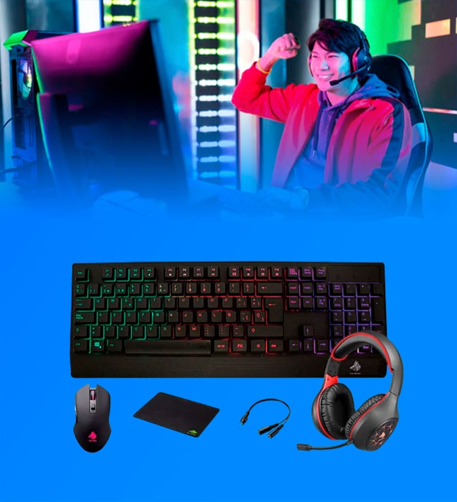 Kit Gaming Eagle Warrior FHS3007 Rhino 5en1 Teclado Rainbow color+ letter Backlight keyboard + Mouse 3D6Key Gaming Mouse + Mouse Pad + Headset Gaming