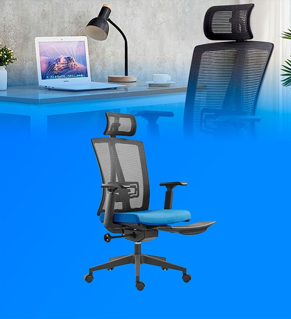Silla MG-WB-001-A2-WH De Mesh y Tela Con Respaldo Alto y Reposa Cabeza Color Gris con Asiento Azul