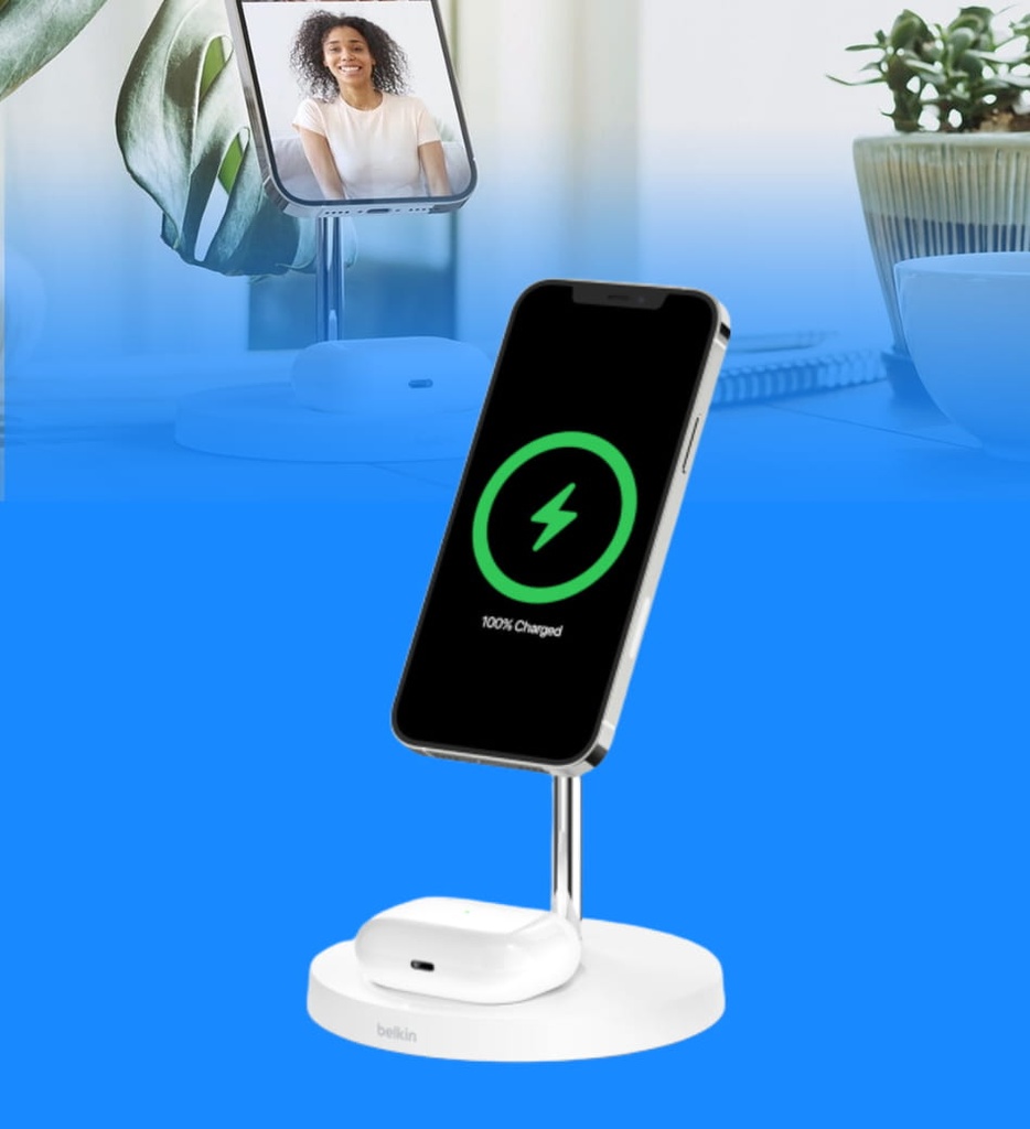 Belkin BOOST CHARGE PRO MagSafe 2-in-1 - Base de carga inalámbrica + adaptador de corriente CA - 15 vatios - Fast Charge - blanco - para Apple AirPods (2nd Generation); AirPods Pro; iPhone 12, 12 mini, 12 Pro, 12 Pro Max